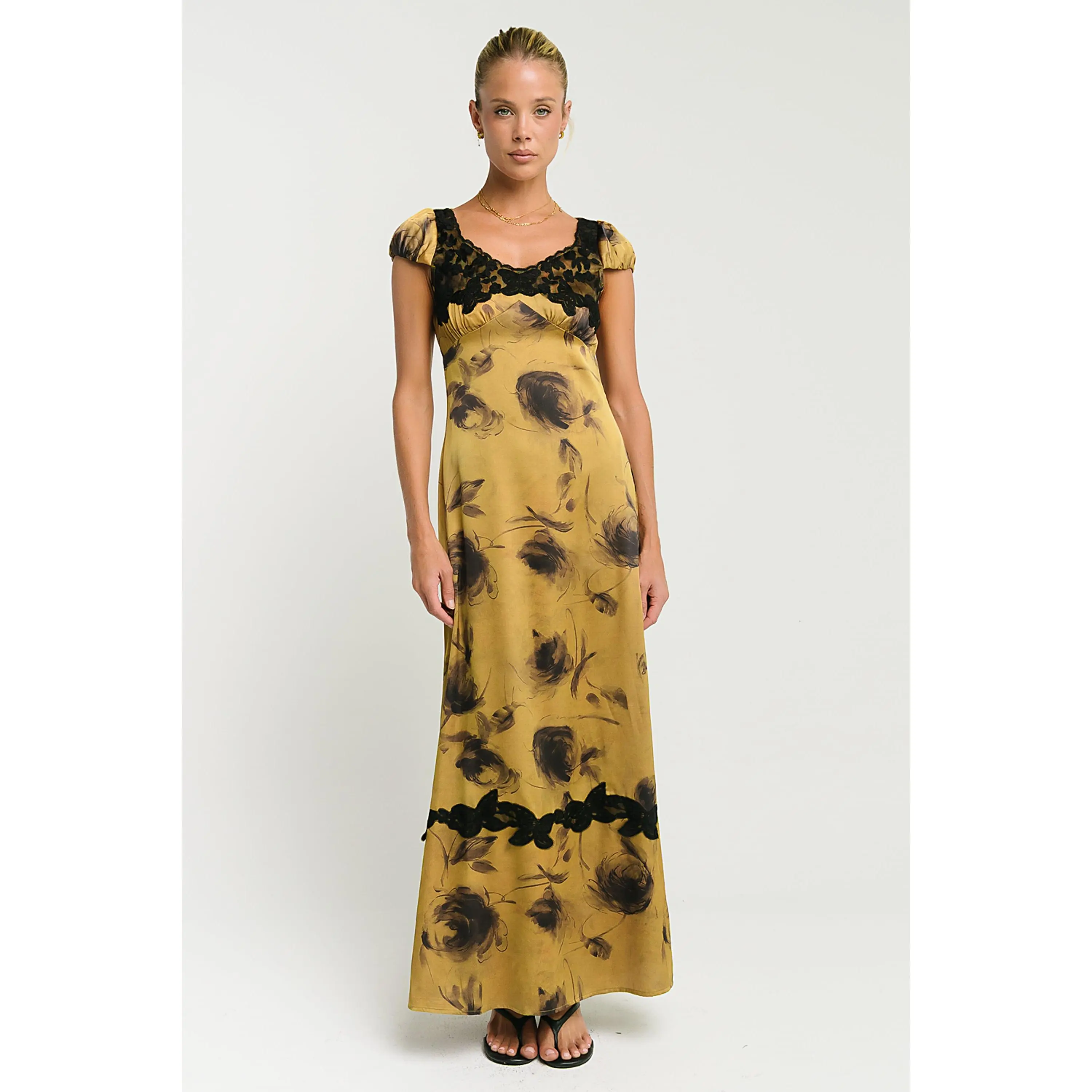 Women's Casual Marianna Maxi Dress, Chartreuse, Polyester-Spandex Fabric, Short Cap Sleeves, Printed Design
