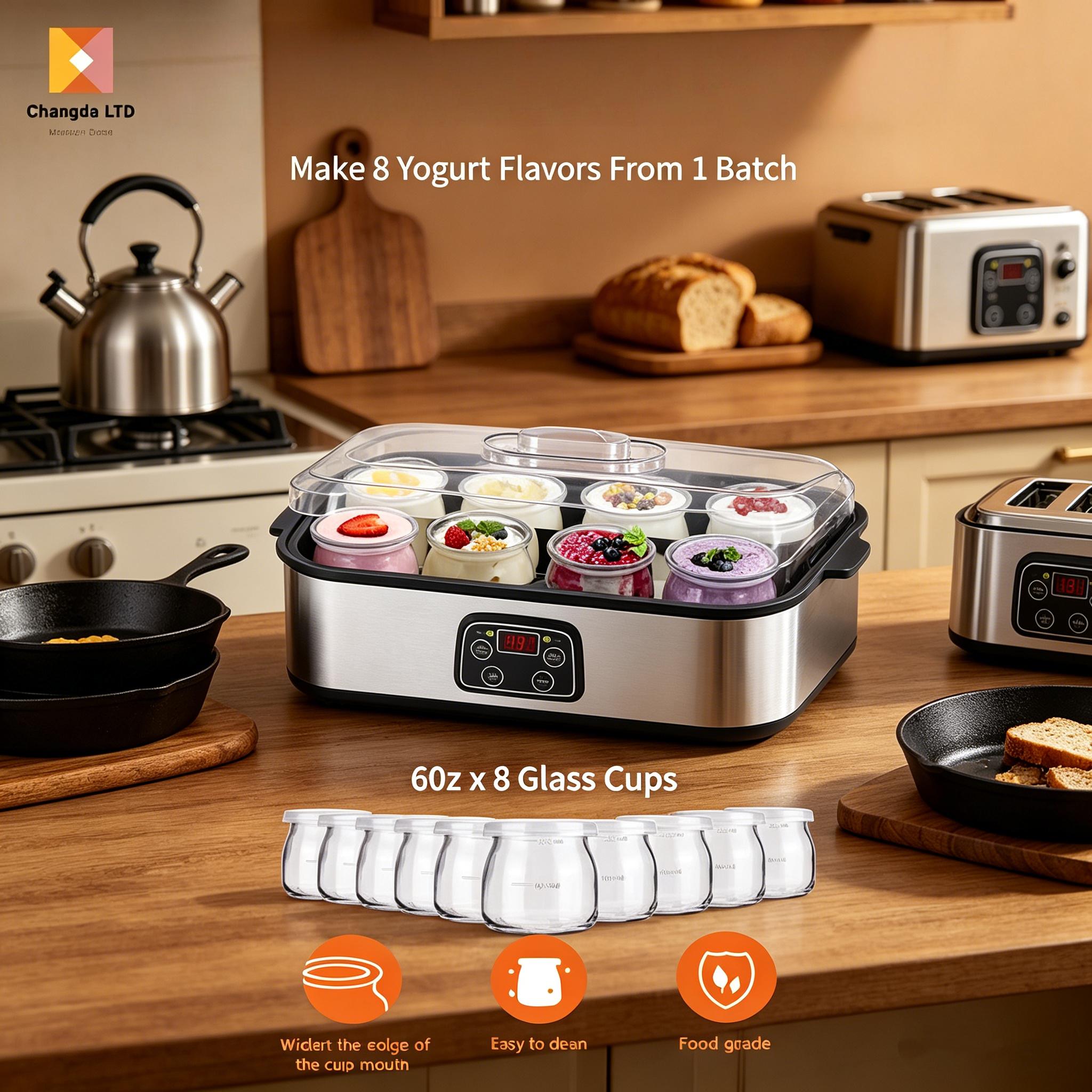 1pc Family 8-Cup Automatic Yogurt Maker, Multifunctional Electric Fermenter with US Plug, Makes Yogurt Jam Ice Cream Pudding, Complete Jar Set for Home Breakfast & Healthy DIY Snacks