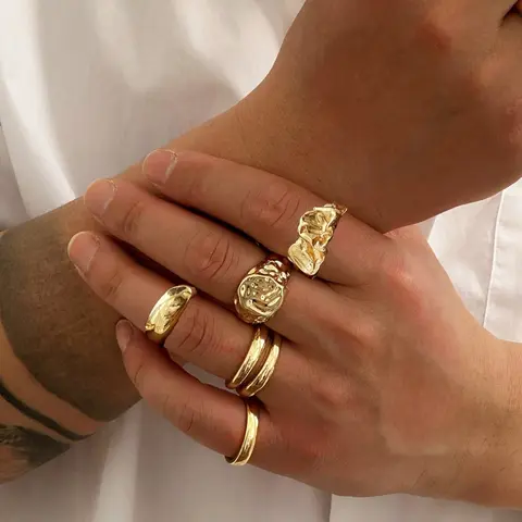 Men's Punk Style Geometric Liquid Metal Set, Zinc Alloy Adjustable Jewelry, Casual Fashion Accessory for All Seasons, Stacking Ring Set, Geometric Design Ring, Statement Rings, Stackable Rings