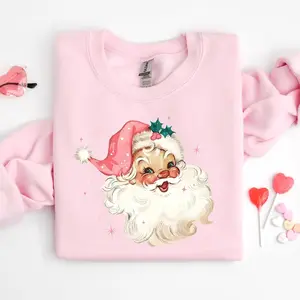 Pink Santa Retro Christmas T-Shirts Sweatshirts for Women Pink Christmas Matching Family Sweaters Pink Vintage Holiday Crewneck Group Party