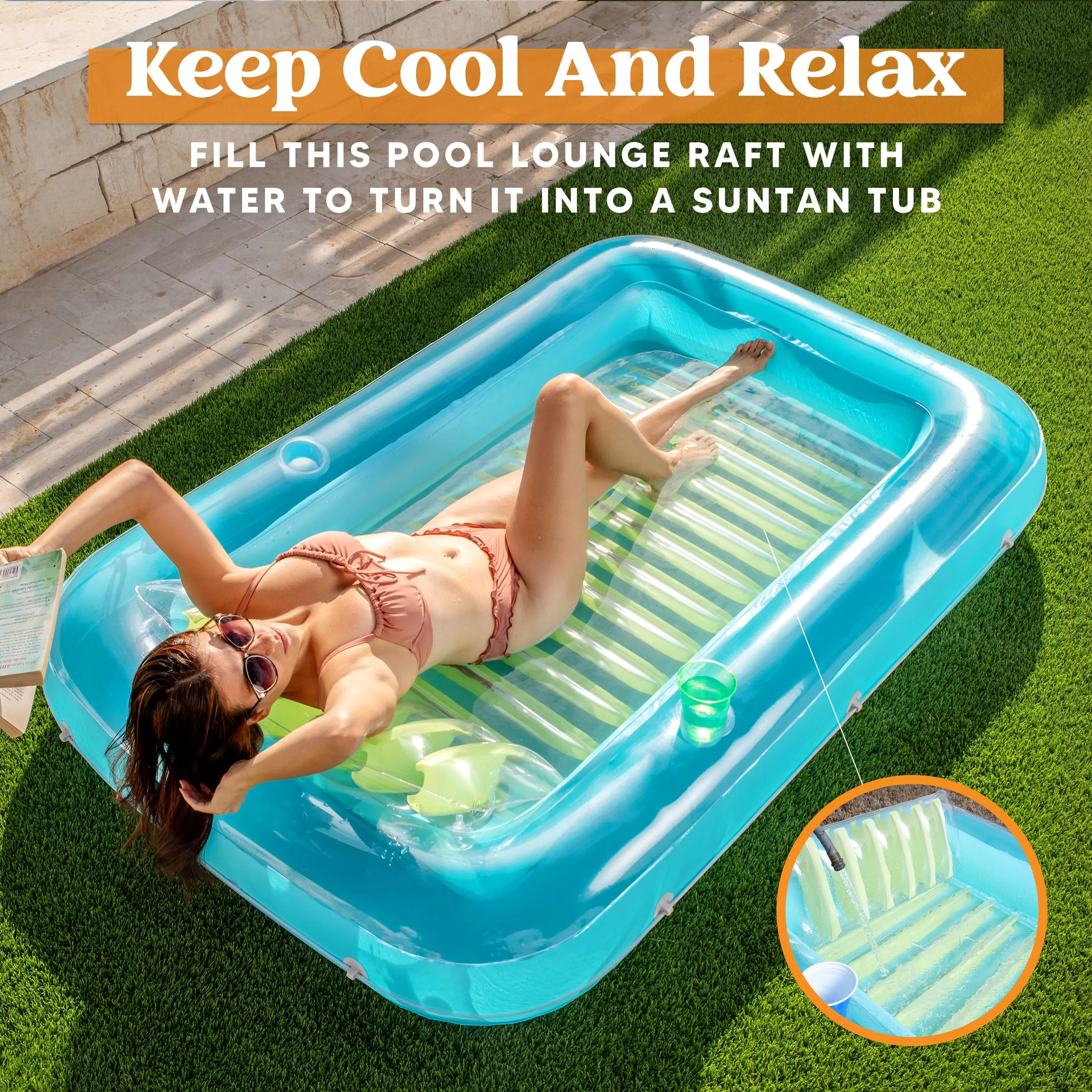 Sloosh Inflatable Tanning Pool Lounger Float 70" x 46" Large with Detachable Pillow & Drink Holders for Ultimate Sunbathing Experience