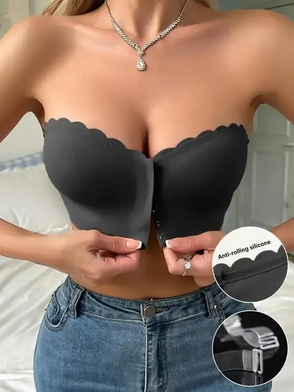 Women's Solid Scallop Trim Hook & Eye Front Wireless Bandeau Bra, Breathable Strapless Bralette Lingerie for Daily Wear, Lingerie Top for All Seasons, Bras for Women
