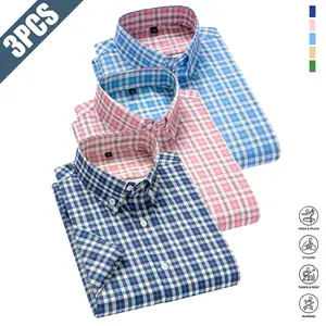 3-Pack Men's Short Sleeve Button Down Shirt Plaid Pattern Contrast Inner Collar Button Down Collar Casual Business Sports Summer Wear for Men