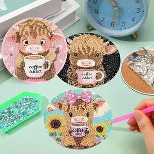 8 Piece Diamond Painting Coaster Set with Cow Pattern Coffee Addict and Stand, DIY Craft Kit for Beginners, Decorative Gift Idea for Home Decor, Diamond Art, Home Decoration
