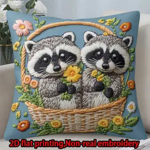 2D flat print 1pc short plush decoration single-sided pillowcase raccoon basket flower non-real embroidery Machine washable multi-size pillowcase suitableIn the bedroom living room sofa(excluding pillow core)