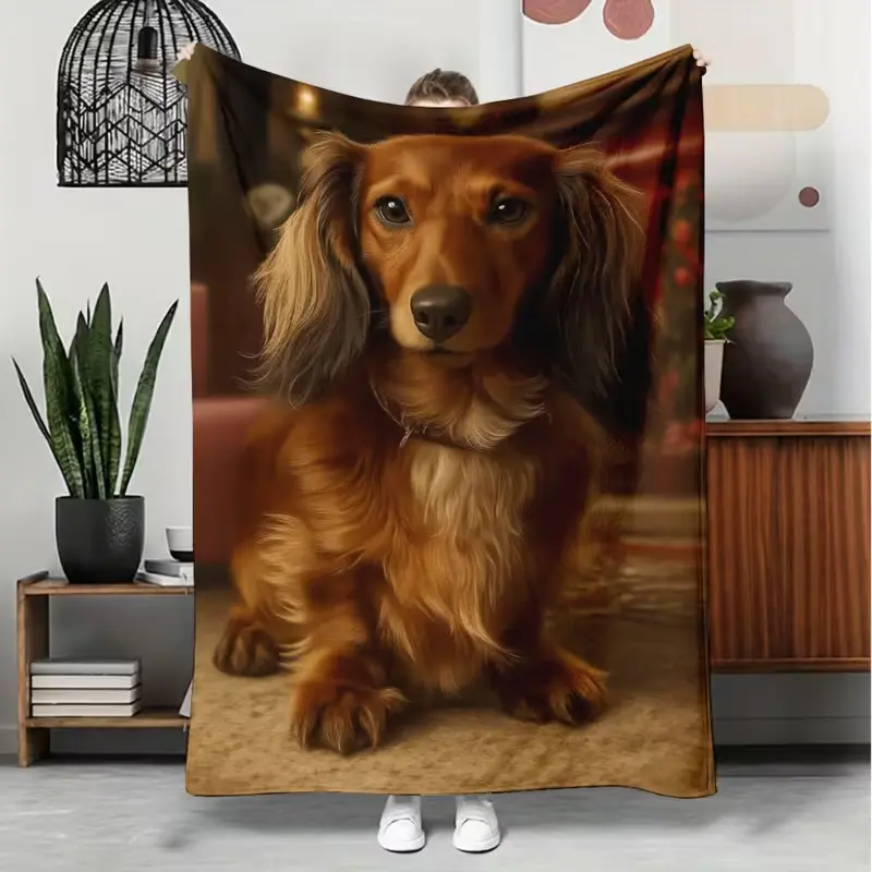 Long Haired Dachshund Flannel Throw Blanket, Lightweight Ultra Soft Fuzzy Plush Blanket for Couch Bed Sofa, All Season Cozy, Perfect Gift for Dog Lovers Pet Owners Home Decor