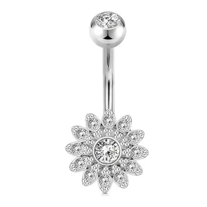 Women's Surgical Steel Belly Piercing Bar - Sparkling Crystal Flower Navel Ring, Assorted Fashion Colors Body Jewelry