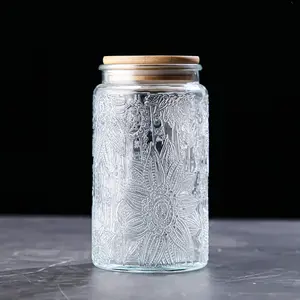 ANSQU Vintage Glass Storage Jar 33.8 FL OZ with Bamboo Lid Airtight Food Container for Kitchen Counter Pantry Coffee Tea Sugar Round Sunflower Utensils Tin Canister Thick Glass Durability
