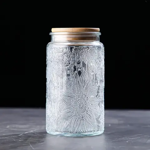 MIUVA Vintage Tropical Thick Glass Storage Jar - 33.8 oz Airtight Food-Grade Silicone-Sealed Kitchen Preservation Container, Bamboo Lid, Sunflower Pantry Organizer, Acid-Alkali/Cold-Heat Resistant Microwave-Safe Rustic Canister for Healthy Eating