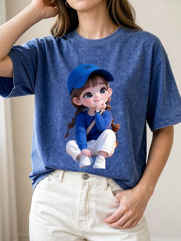 Women's Plus Size Acid Wash Cotton Soft Fabric Graphic Print T-Shirt - Cute Baseball Cap Sitting Design, Vintage Oversized, Short Sleeve Crew Neck, Curvy Fit, Casual Beach Top