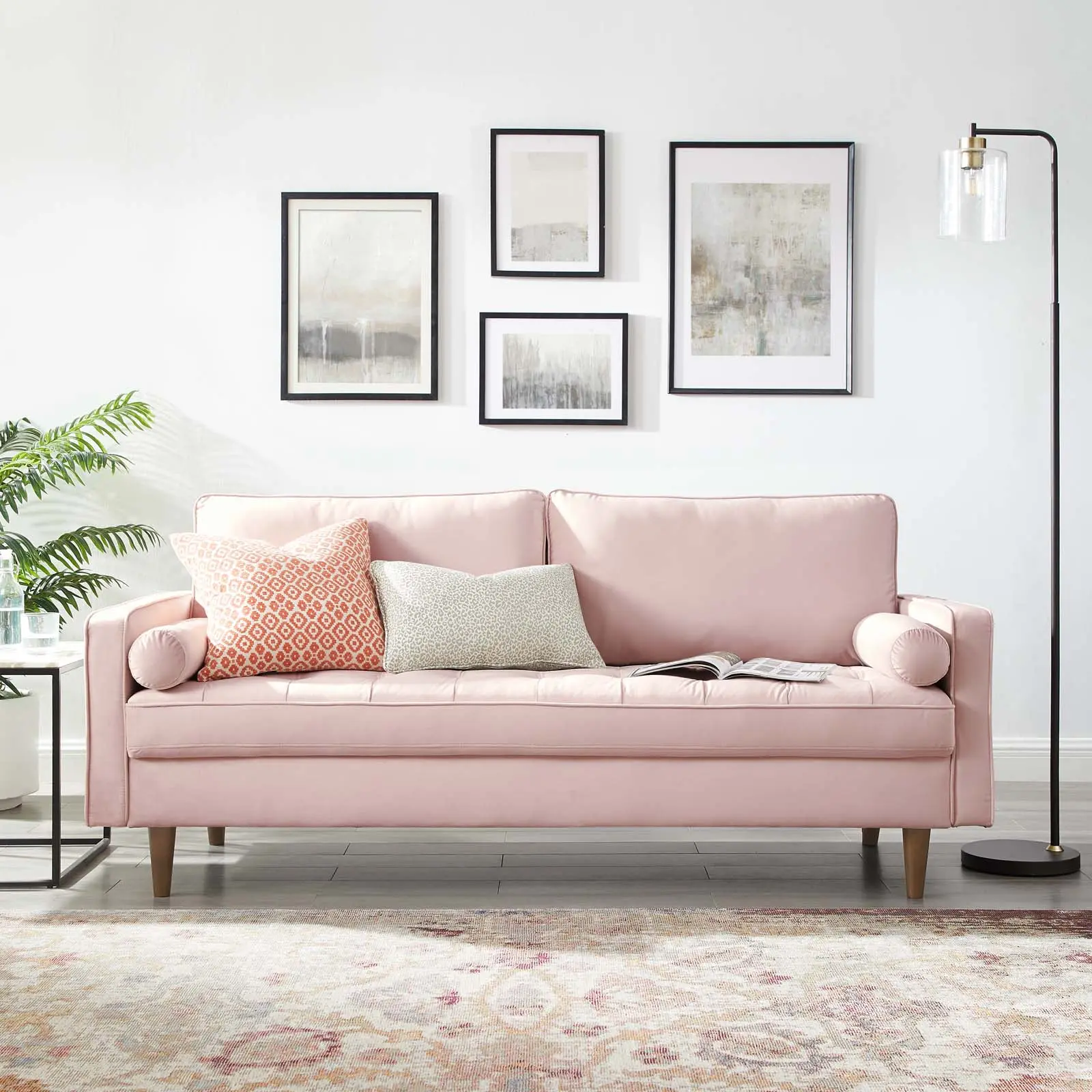 Modway Valour Biscuit-Tufted Performance Velvet Sofa with Wooden Legs, Spring Support, and Plush Padding - Pink Indoor Furniture