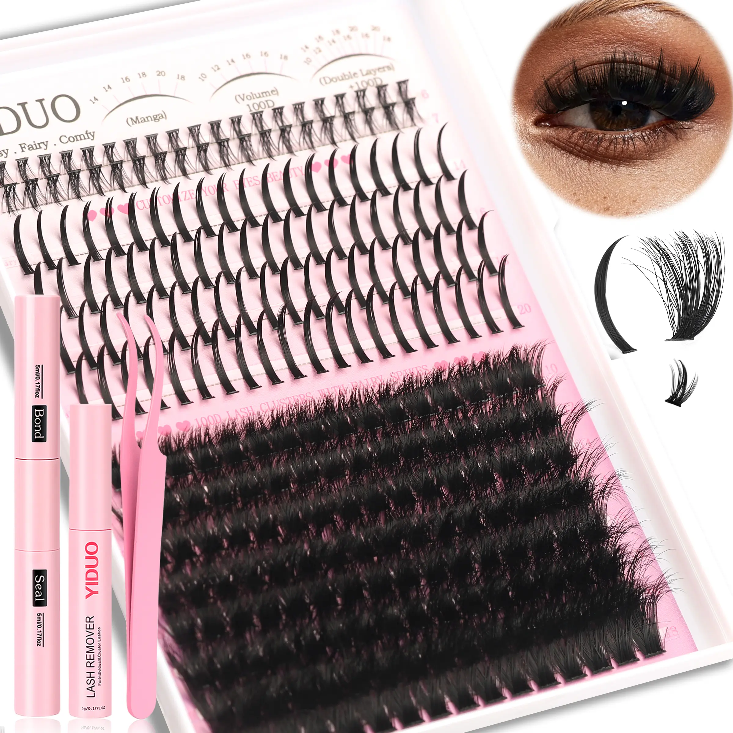 YIDUO Lashes Clusters Kit, Fluffy Eyelash Clusters, D Curl Eyelashes, Bottom Lashes with Spikes 60D/80D Eyelash Extensions D Curl Volume DIY Individual Strips Lashes with Lash Bond and Seal Tweezers Remover Salon Look at Home, Long-Lasting Effect