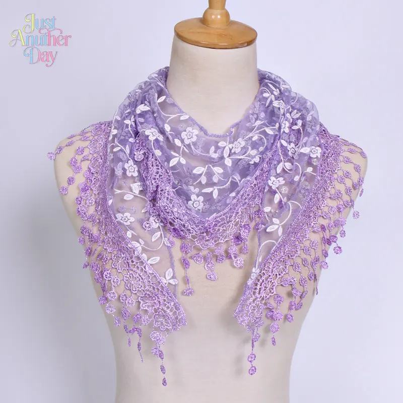 Lace Triangle Scarf for Women, Solid Color Floral Embroidery Triangular Shawl, Sheer Crochet Neck Wrap with Beaded Tassels, Breathable Lightweight Accessory