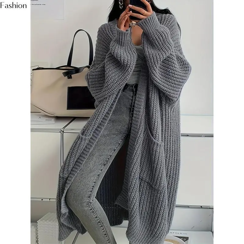 Solid Color Open Front Knitted Cardigan - Casual Long Sleeve Long Length - For Women - for Spring & Fall - Cozy & Stylish - Gift Idea for Fashionable Women Solid Color Open Front Knitted Cardigan - Casual Long Sleeve Long Length - For Women - for Spring & Fall - Cozy & Stylish - Gift Idea for Fashionable Women