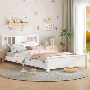 Twin Size Platform Bed Frame with Headboard, Solid Wood Low Profile Platform Bed Frame, Floor Bed with Support Slats, White