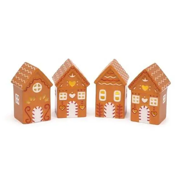 Associates Ceramic Holiday LED Lit Gingerbread Festive Village Houses, 4-Inch, Set of 4 – Each Uniquely Designed with Built-In LED Tea Lights, Cutout Window Glow, Tabletop & Mantel Christmas Village Decor for Centerpiece Display"