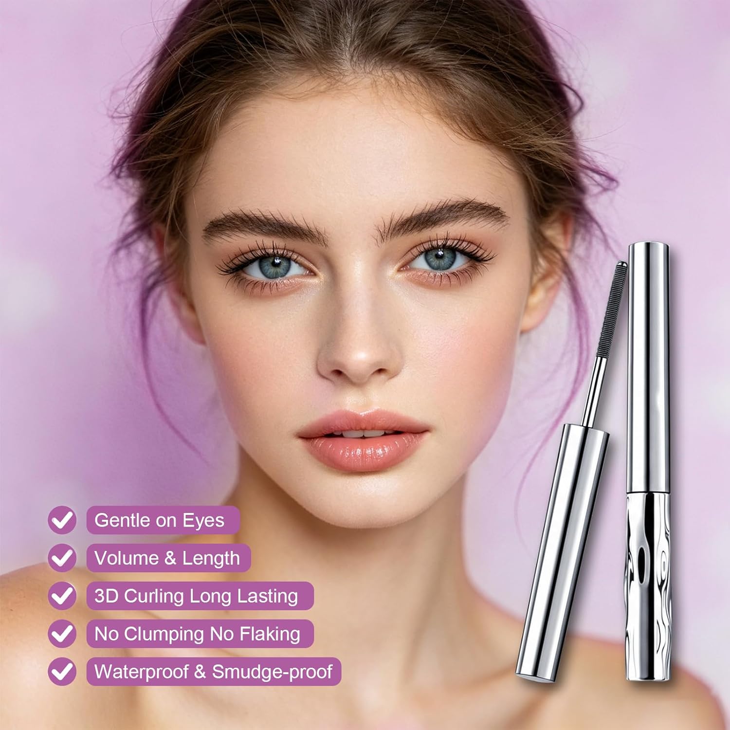 Women's 2026 Upgraded Silicone Metal Wand Mascara Set (Free Gift: Eyelash Curler) - 7D Curling, Ultra-Slim Precision Wand, Smudge-Proof, Long-Lasting, Waterproof Tube Formula, Lengthening, Volumizing, Fragrance-Free, Washable, All Skin Eyelash Makeup
