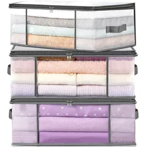 Closet Organizer Container for Bedroom, Bedding,  3-Pack Clothes Storage Bags, Plastic Foldable Blanket Storage bins,Comforters, Pillows, and Clothing - 35L with Handles