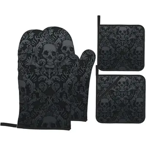Victorian Gothic Black Skull Damask Heat Resistant 4-Piece Oven Mitts and Pot Holders Set, Non-Slip Polyester Hot Pads BBQ Gloves for Kitchen Cooking Baking Grilling