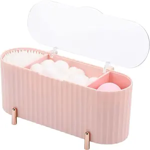 Desktop Electroplated Plastic Cosmetic Storage Box, Cotton Swab Dustproof Organizer, Transparent Lid Makeup Pads Beauty Egg Holder, Multifunctional Storage Bin