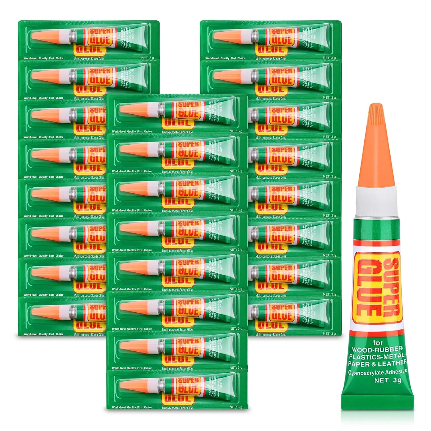 Cyanoacrylate Gel Super Glue Tubes - 24 Individual 3g Packs with Twist-Off Cap, Fast-Drying Instant Bond Adhesive for Shoe Repair, DIY Crafts, Industrial Repair on Multiple Materials