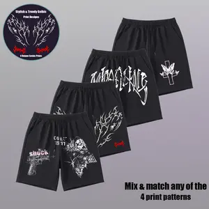 Y2K gothic shorts, punk streetwear shorts, hip-hop graphic shorts, loose casual summer shorts, alternative aesthetic bottoms, trendy gothic print patterns, 4 gothic print designs, gothic prints, menswear, men’s shorts, tropical