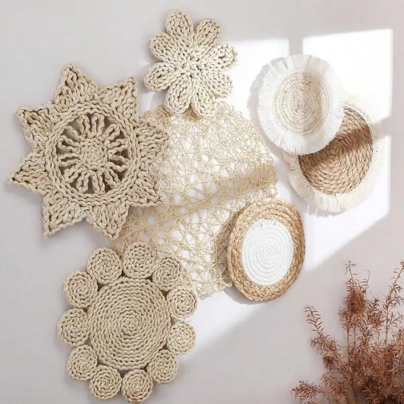 1/7 Multicolor Round Boho Rattan Hangable Wall Hanging Basket - Home Inspo Nature Art Alternative Style Hanging Decor, Rustic Home Decor for Farmhouse Living Room, Bedroom