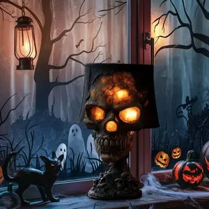 Skull Flame Table Lamp,Lava Stone Skull Lamp, Spooky LED Desk Light, Halloween & Gothic Decor, Unique Room Accent, Create a Mysterious Atmosphere