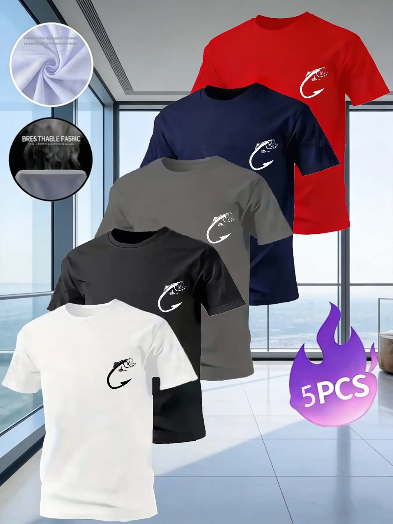 5 Pack Men's  fishhook Print T-Shirts, Classic Casual Breathable Short Sleeve Crew Neck Tees, Outdoor Fishing Graphic Tops for Daily Wear
