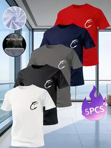 5 Pack Men's  fishhook Print T-Shirts, Classic Casual Breathable Short Sleeve Crew Neck Tees, Outdoor Fishing Graphic Tops for Daily Wear