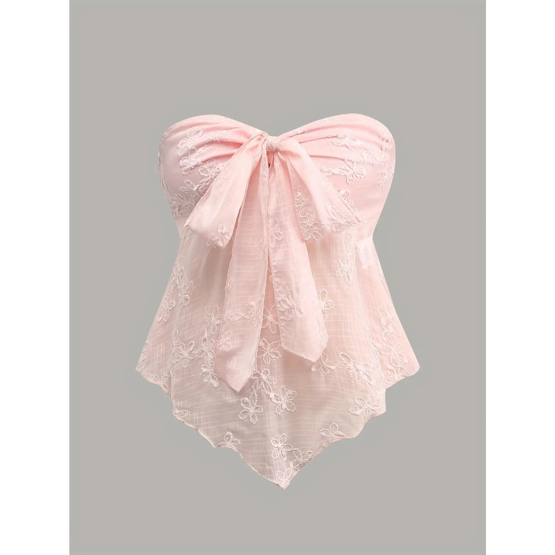 Textured Fabric Tie Front Strapless Top Y2K Outfit