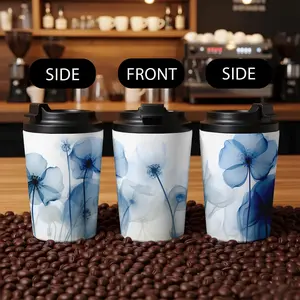 12oz Stainless Steel Coffee Mug with Lid, Blue Floral Print Design, Dual-Layer Vacuum Insulated Travel Cup for Outdoor Camping Office