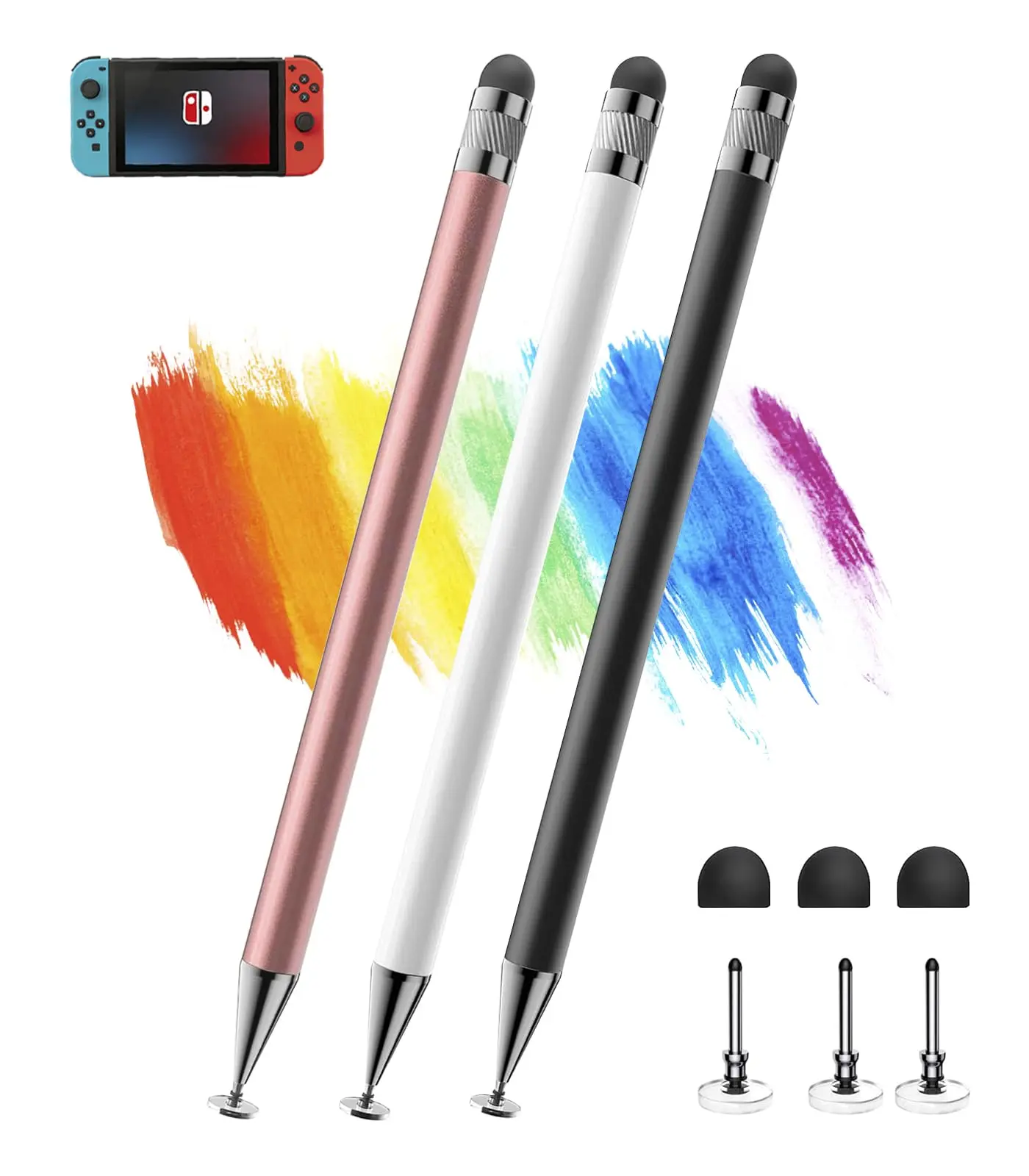 3-Pack 2-in-1 Stylus Pens for Touch Screens High Precision & Sensitive Disc and Rubber Tip Stylus Compatible with iPad, Nintendo Switch 2, iPhone, Android, Samsung Galaxy & All Capacitive Touch Screens Black White Pink, Aluminum