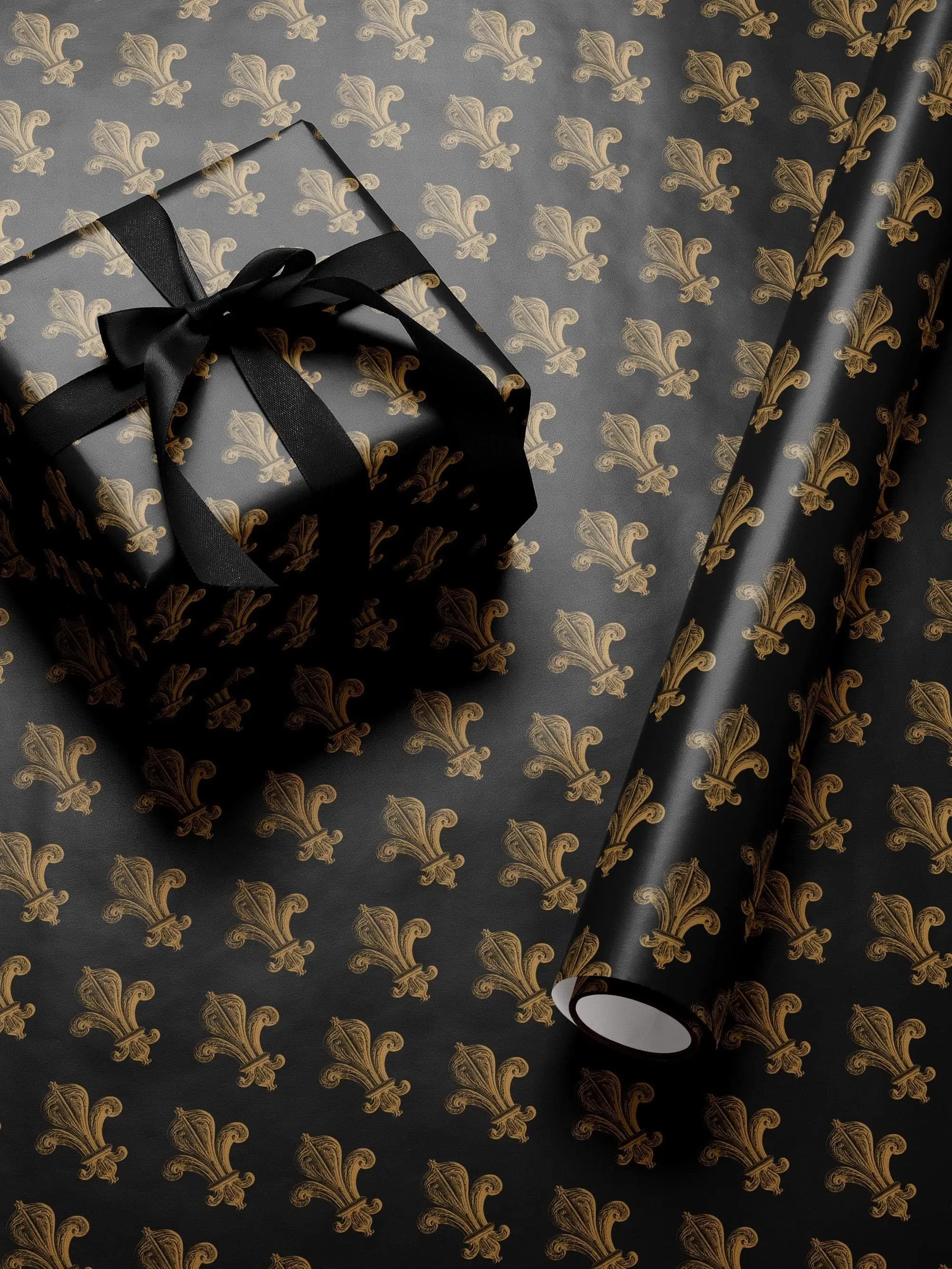 Vintage Fleur de Lis Wrapping Paper Black and Gold Gift Wrap Elegant Wrapping Papers Mardi Gras Decor Gothic Style Louisiana Football Gift