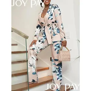 Floral Print Women's Blazer and Pant Set Elegant Two-Piece Suit Blue Casual