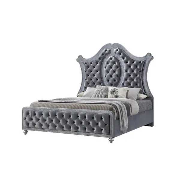 Bellemave Upholstered Panel Bed - 1pc Queen/King Size Bed Frame, Fabric-Wood Construction, Tufted Diamond Nailhead Trim Headboard, Modern Glam Ornate Indoor Bedroom Furniture, 88.75x63.63x76.63in, Assembly Required