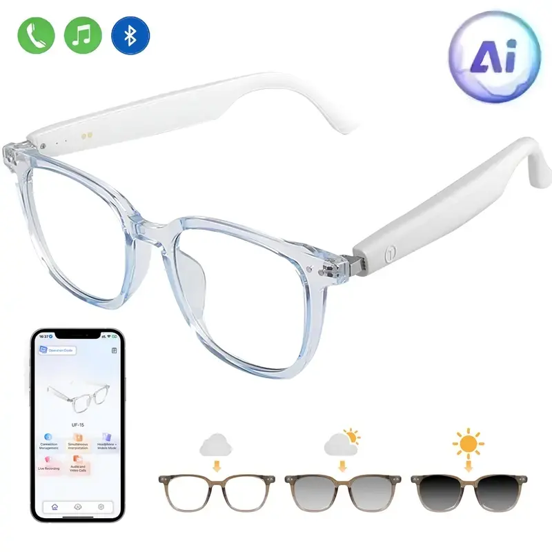 Wearable Smart Translation Glasses with Auto-Adjusting Polarized Lenses, Built-In Speaker, Blue Light Blocking, Music Playback and Phone Call Functionality