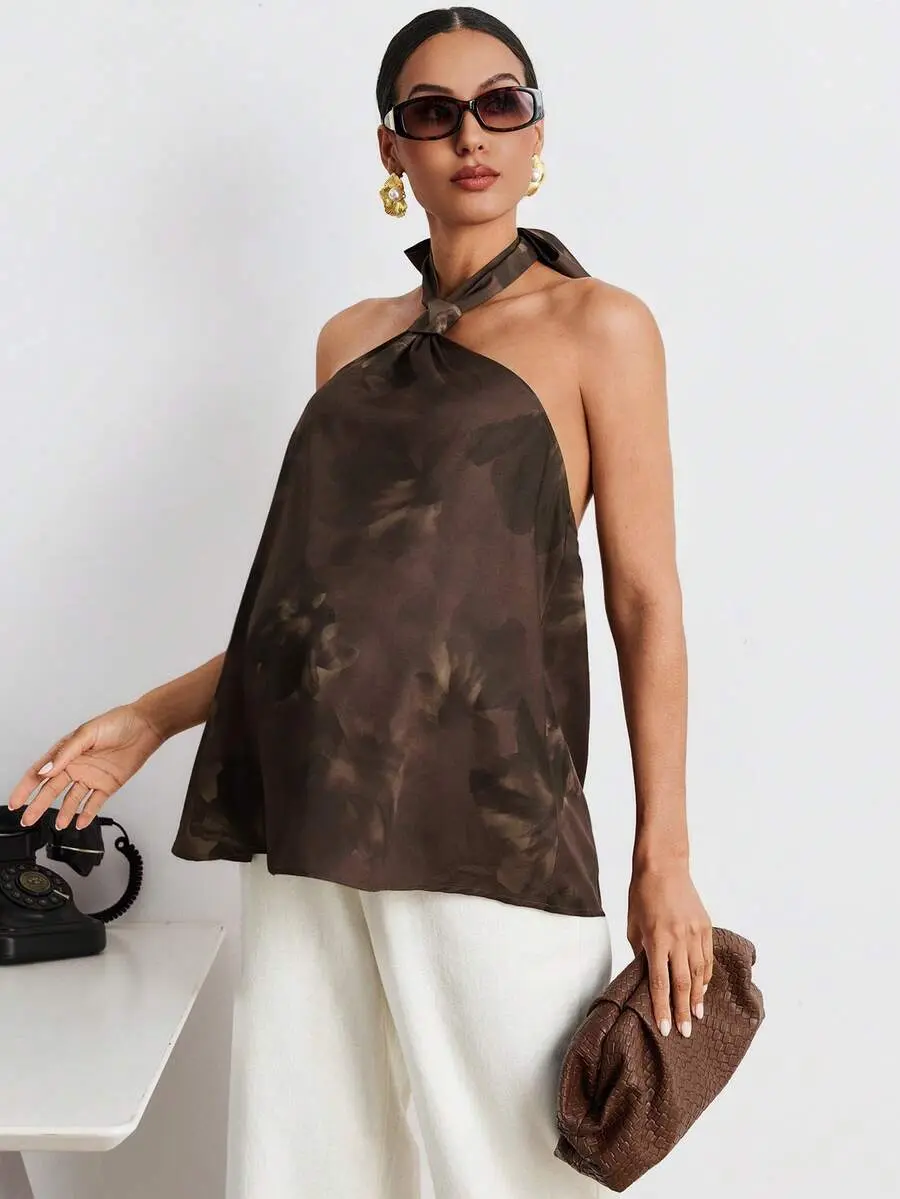NOGN x MaterniWear Maternity Work Photoshoot Coming Home Clothes,Maternity Tops,Business Casual Outfit Women Elegant Floral Print Halter Neck Camisole For Summer