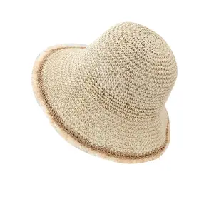 Women's Frayed Edge Straw Bucket Hat - Foldable Summer Beach Sun Hat
