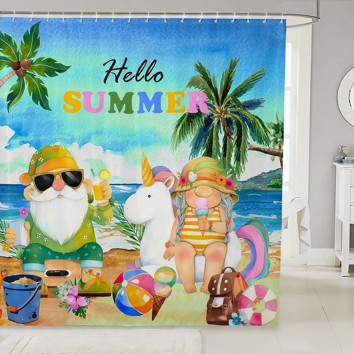 Feelyou Kids Beach Shower Curtain - Cute Gnome, Hawaii Tropical Coconut Tree, Ocean Design, Waterproof Washable Household Textile Decor, 12 Hooks Included, Tropical Theme, Character-Themed, Whimsical Decoration, Tropical Theme Curtains