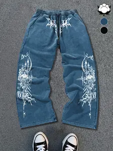 Trendy Gothic Print Wide Leg Sweatpants, Artistic Washed Pure Cotton Loose Fit Pants, Street Fashion Casual Daily Wear