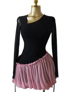 QFAF 2026 Valentine's Day Sexy One Shoulder Asymmetric Mini Dress Women Long Sleeve Mesh Top Pink Bubble Skirt Bodycon Party Club Dress