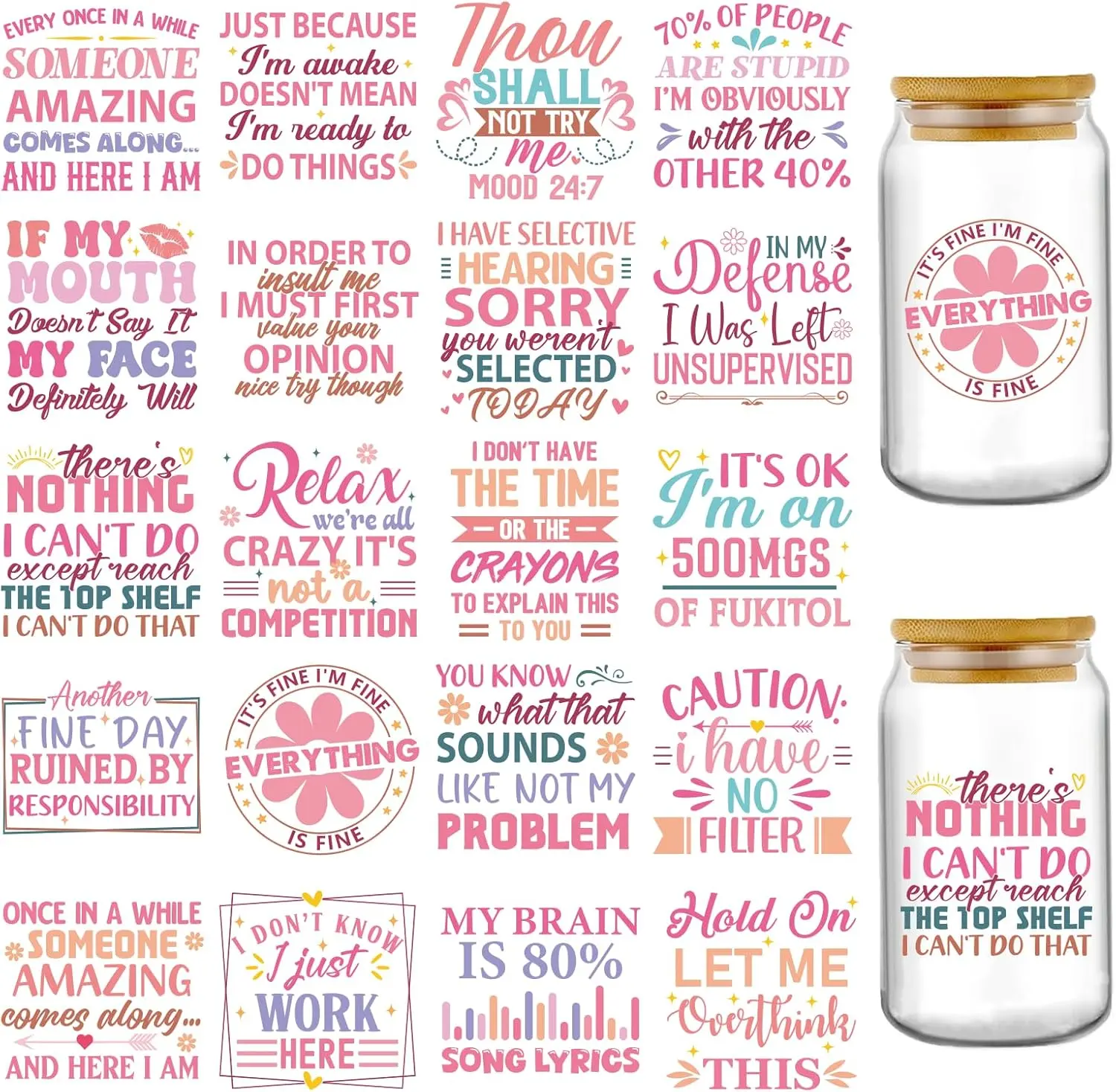 Funny UV DTF Cup Wraps - 20 Sheets Pink Fun Uvdtf Tumbler Wrap for 16 20 oz Glass Water Bottle, Have Selective Hearing Humorous Transfer Stickers Decals DIY Mugs Decor Gift for Office Colleagues