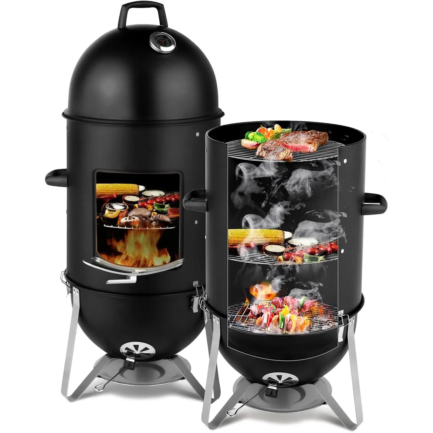 18.8-Inch Vertical 18/8 Steel Barbecue Smoker - Heavy-Duty 3-in-1 Portable Charcoal Grill with Built-In Thermometer for Backyard, Camping Outdoor Use