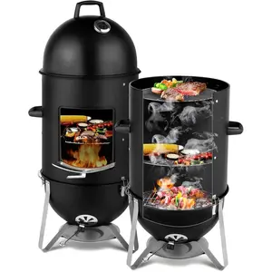 Vertical 18.8 Inch Steel Charcoal Smoker, Heavy Duty 3-in-1 Portable Outdoor Grill Cooker with Built-in Thermometer for Outdoor Backyard Cooking Grilling Camping