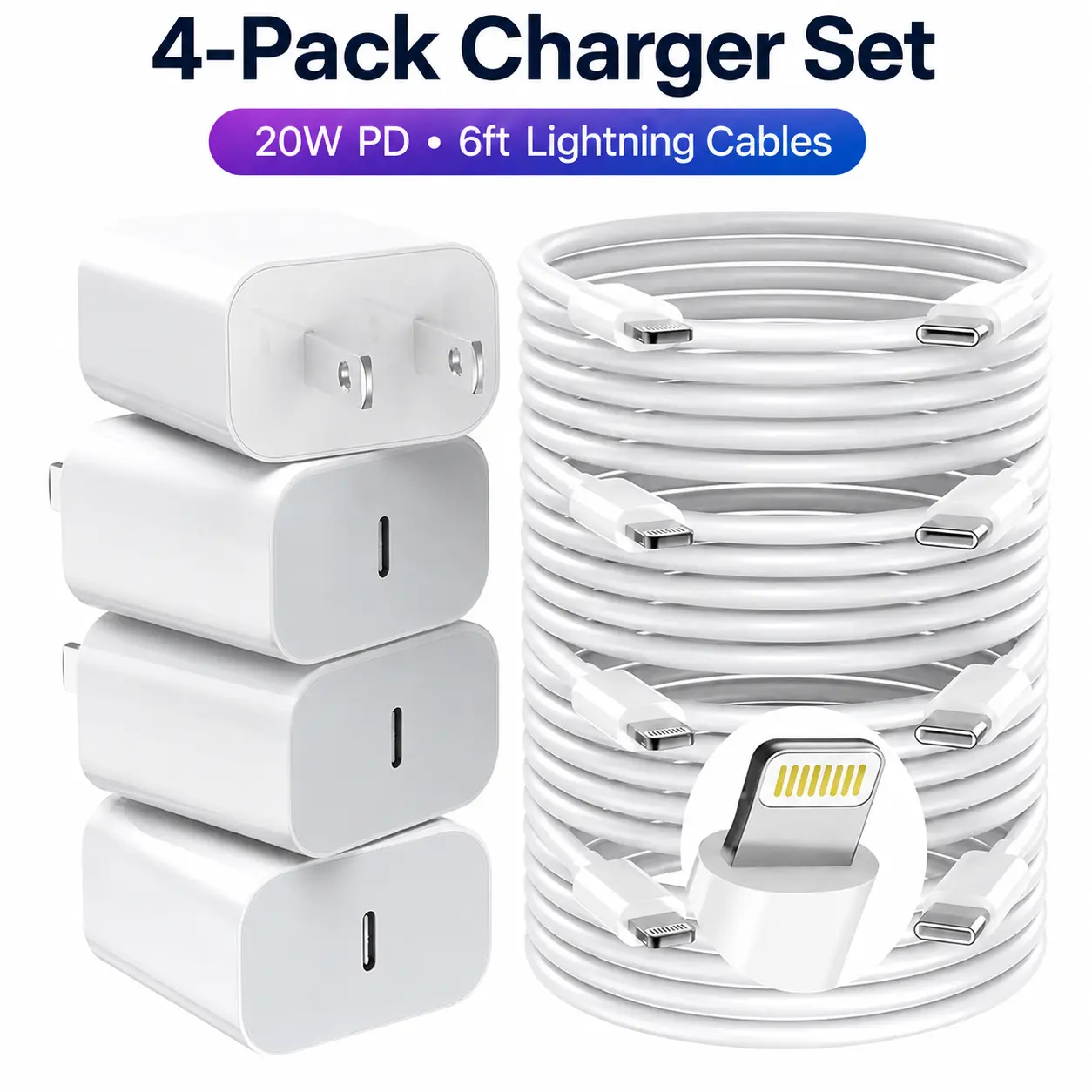 4-Set For iPhone Fast Charging Kit | 20W PD USB-C Wall Charger with 6FT USB-C to Lightning Cable | Compatible with iPhone 14 13 12 11 Pro Max XS XR SE AirPods iPad& More