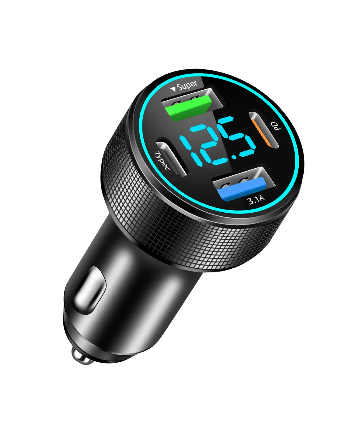 66W USB C Car Charger 4 Port Car Charger Adapter with 30W PD, 3.1A Aluminium Alloy Car Cigarette Lighter USB Charger with LED Voltmeter Compatible with Phone 15 14 13