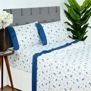 Sheet Set Queen, 4 Pieces Microfiber Sheet Set, Printed Sheet Set with Cuffed Detail,Includes 1 Flat Sheet,1 Deep Fitted Sheet and 2 Pillowcases,Queen Bed Sheets – Blue Floral