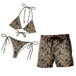 Matching Couple Swimwear - Woodland Duck Camo String Bikini & Men's Board Shorts Set | Heritage Hunting Style Outdoor Swimsuits, Quick-Dry Camouflage Beachwear for Lake & Boat Life, Country Couple Gift, Retro His and Hers Matching Outfits Summer