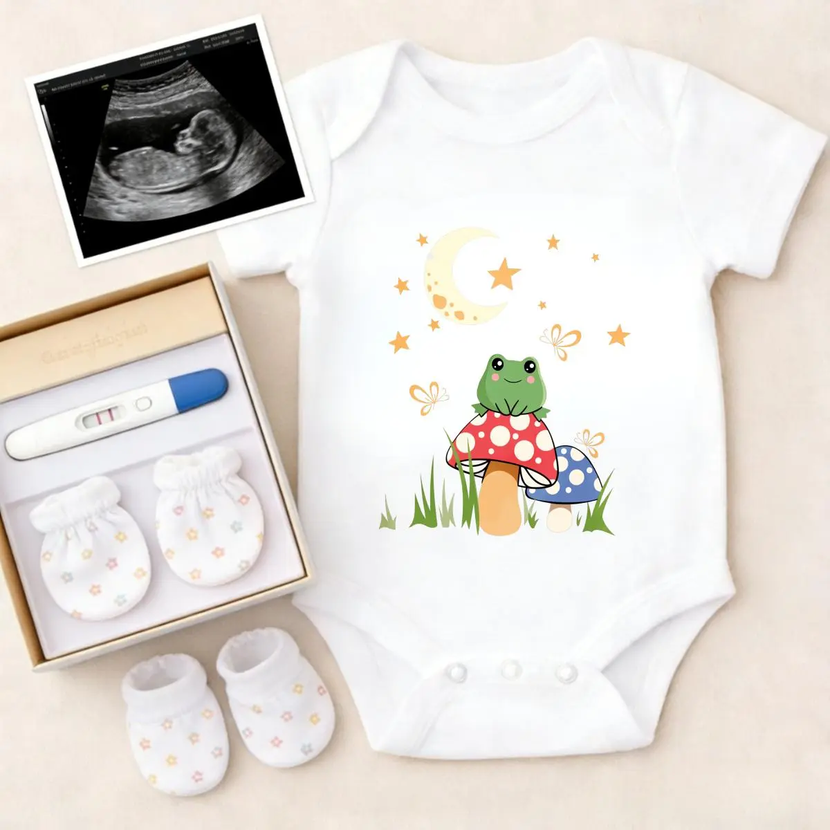 Soft Baby Bodysuit Frog On Mushroom Night Sky Print 100% Pure Cotton Non-Irritating Snap Closure Breathable Stretchy Perfect For Gifting & Everyday